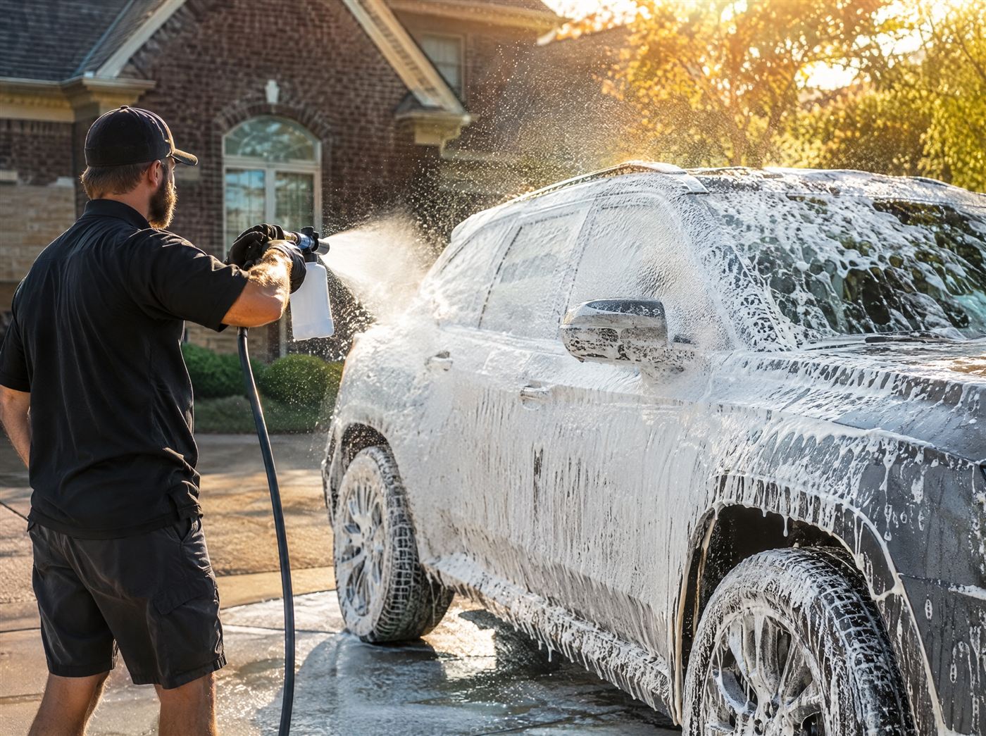 Detailer covering an SUV in foam in a Kentucky driveway