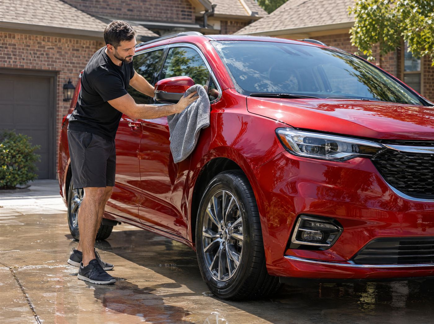 Detailer hand drying a red minivan with a microfiber towel